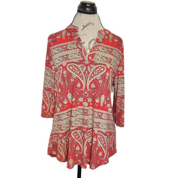 A. Jesdani Womens Blouse Top Paisley Red Size Medium Button Rolled Tab Sleeves - Picture 1 of 13